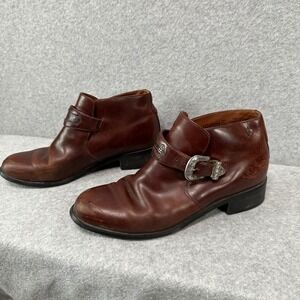 VTG 90s Ariat Brown Leather Western Buckle Ankle Boots Silver Engraved Women 10B
